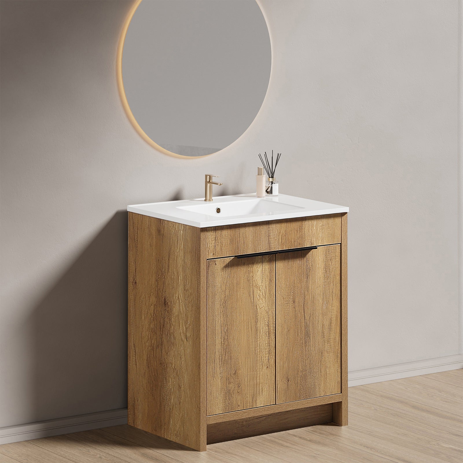 30-Inch Floor-Standing Bathroom Vanity with 3D Grooved Panel and Integrated Ceramic Sink