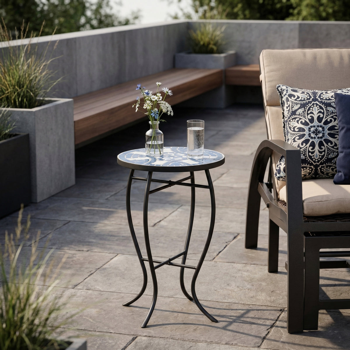 Outdoor Round Side Table with Mosaic-Style Top and Curved Iron Legs