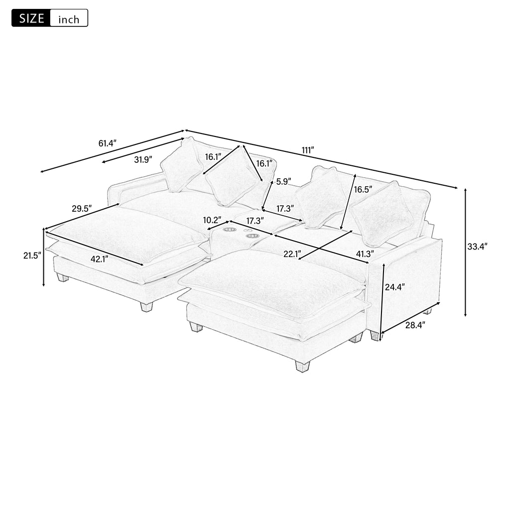 111" Sectional Sofa Chenille Upholstered Sofa