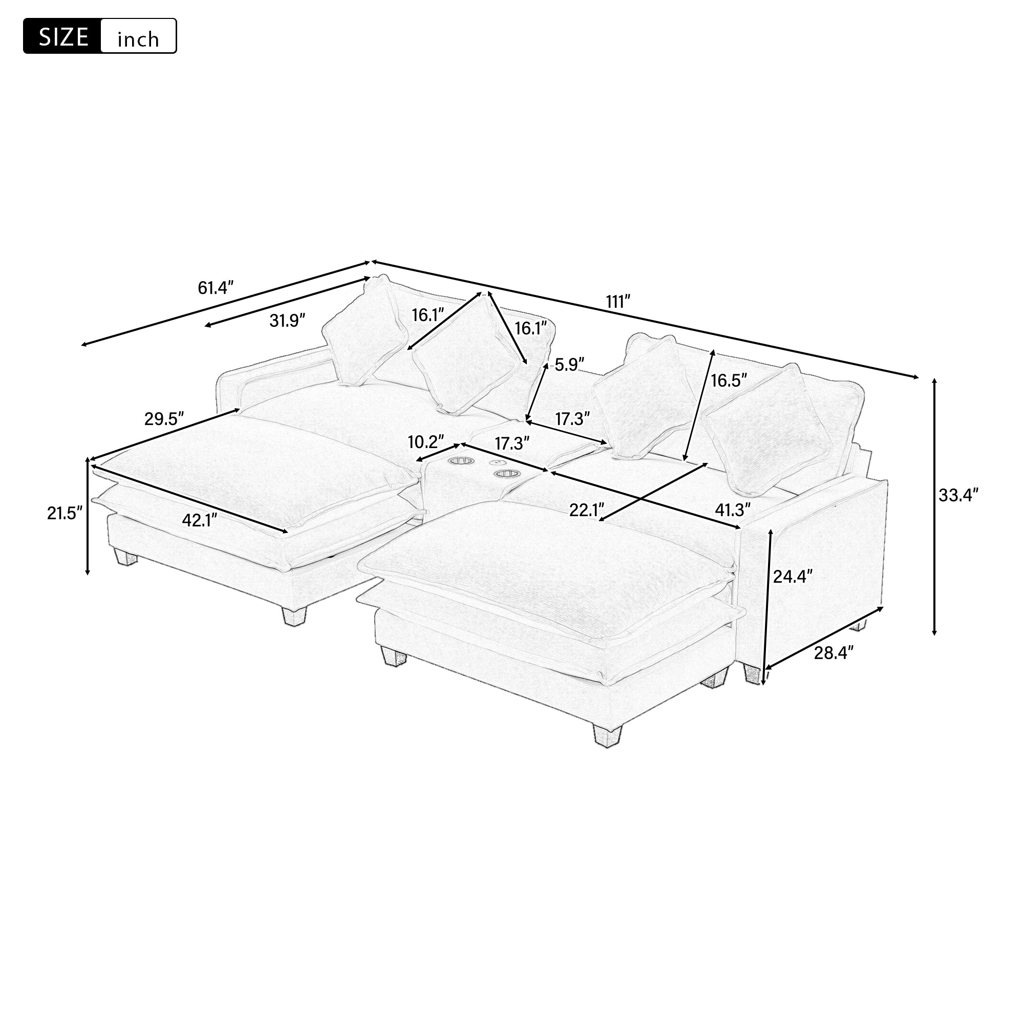 111" Sectional Sofa Chenille Upholstered Sofa