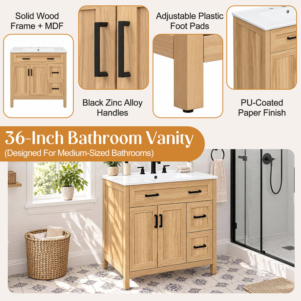 36-Inch Bathroom Vanity with Ceramic Sink, Soft-Close Doors and Drawers, Wood