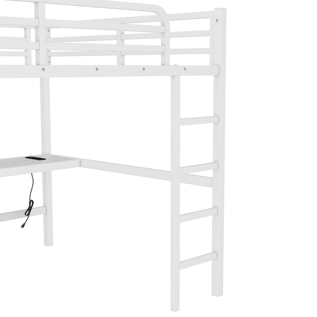 Metal Queen Size Loft Bed with Power Outlet and LED Lighting