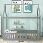 Full Size Wood House Bed with Fence and Door