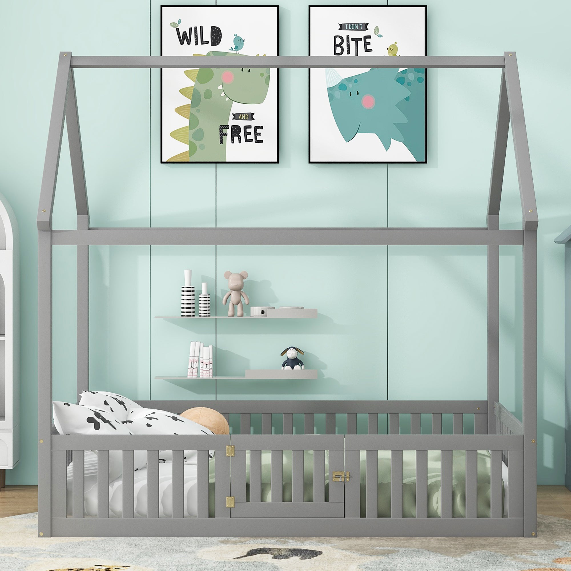 Full Size Wood House Bed with Fence and Door