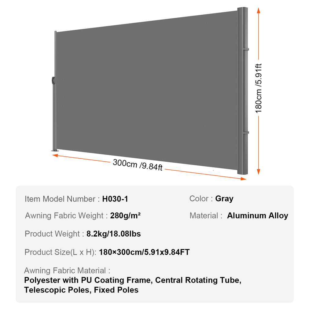 Retractable Side Awning, 71''118'' Aluminum Privacy Screen