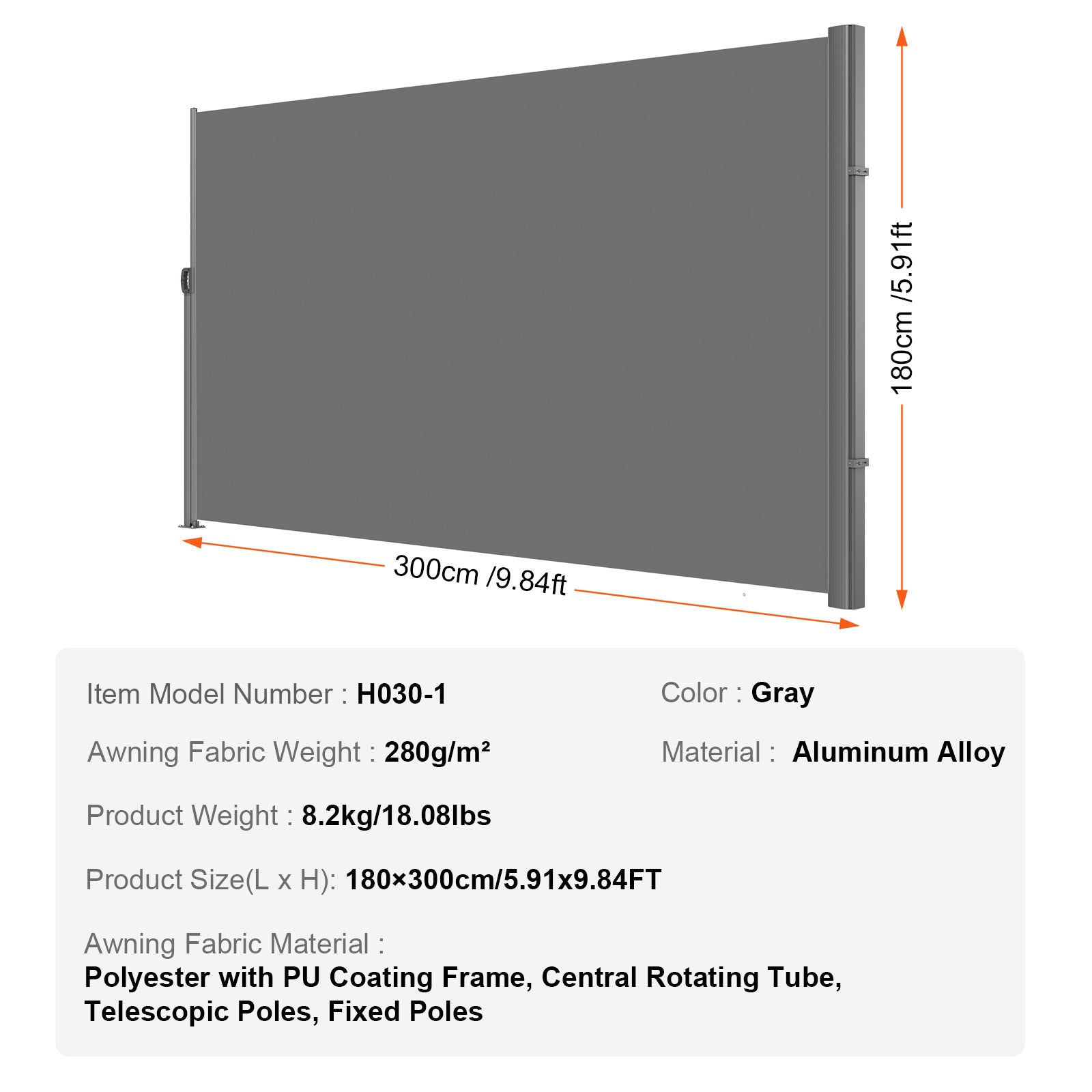 Retractable Side Awning, 71''118'' Aluminum Privacy Screen