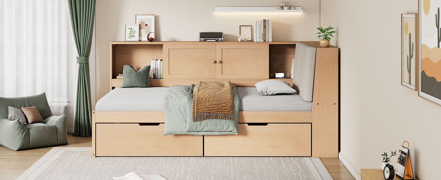 Wooden Twin Size L-shaped Daybed with Storage Bookcase