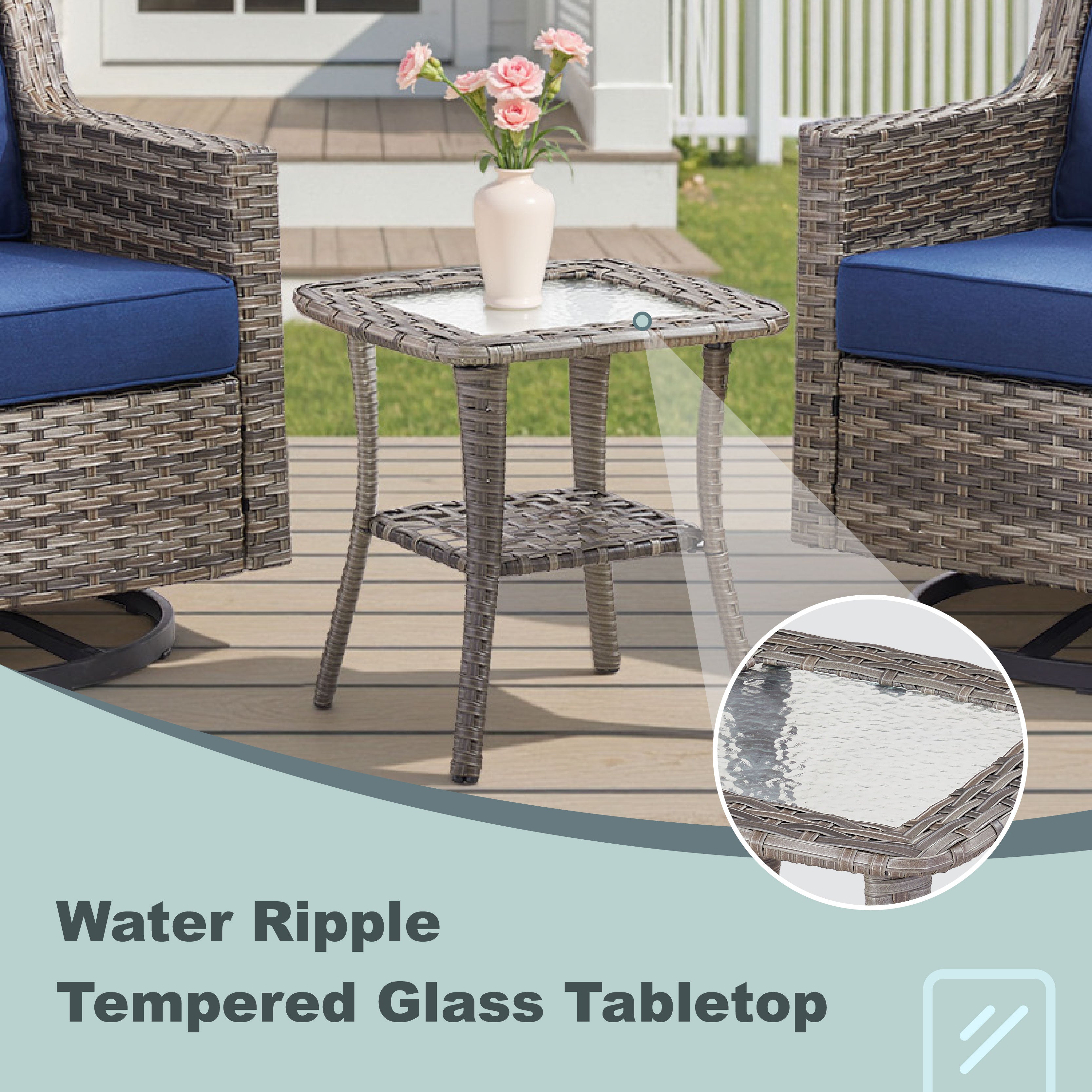 Swivel Outdoor Chairs Set of 2 with Glass-Top Side Table