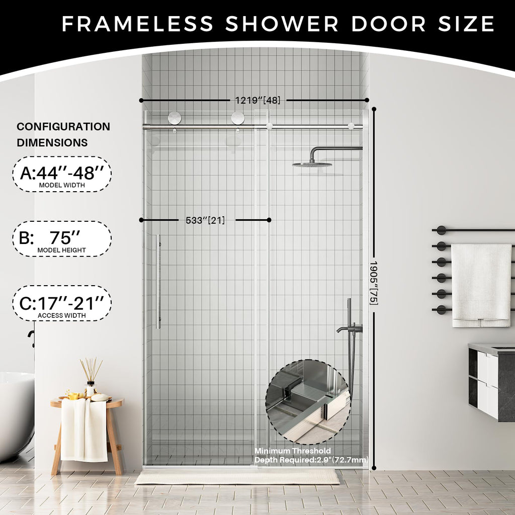 Frameless Shower Door, 44-48 in W x 75 in H