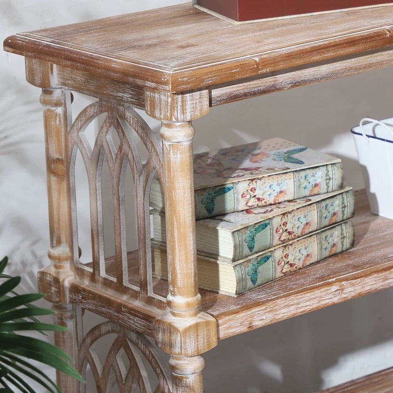 Rustic 3-Tier Console Table with Gothic-Inspired Details