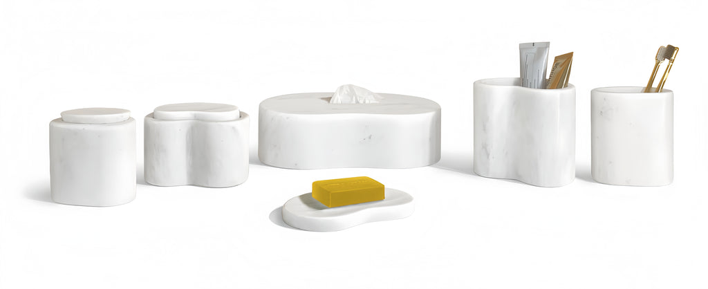 White Natural Marble Bathroom Accessories Set, 6-Piece