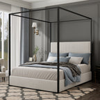 Modern Luxury Metal Canopy Bed with Tall Corduroy Upholstered Headboard