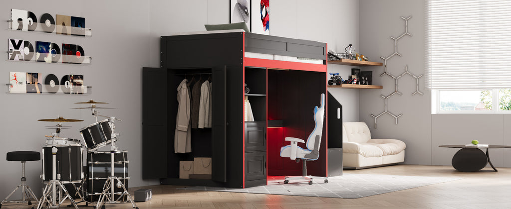 Gaming Loft Bed with Desk and Storage, LED Lights, Twin