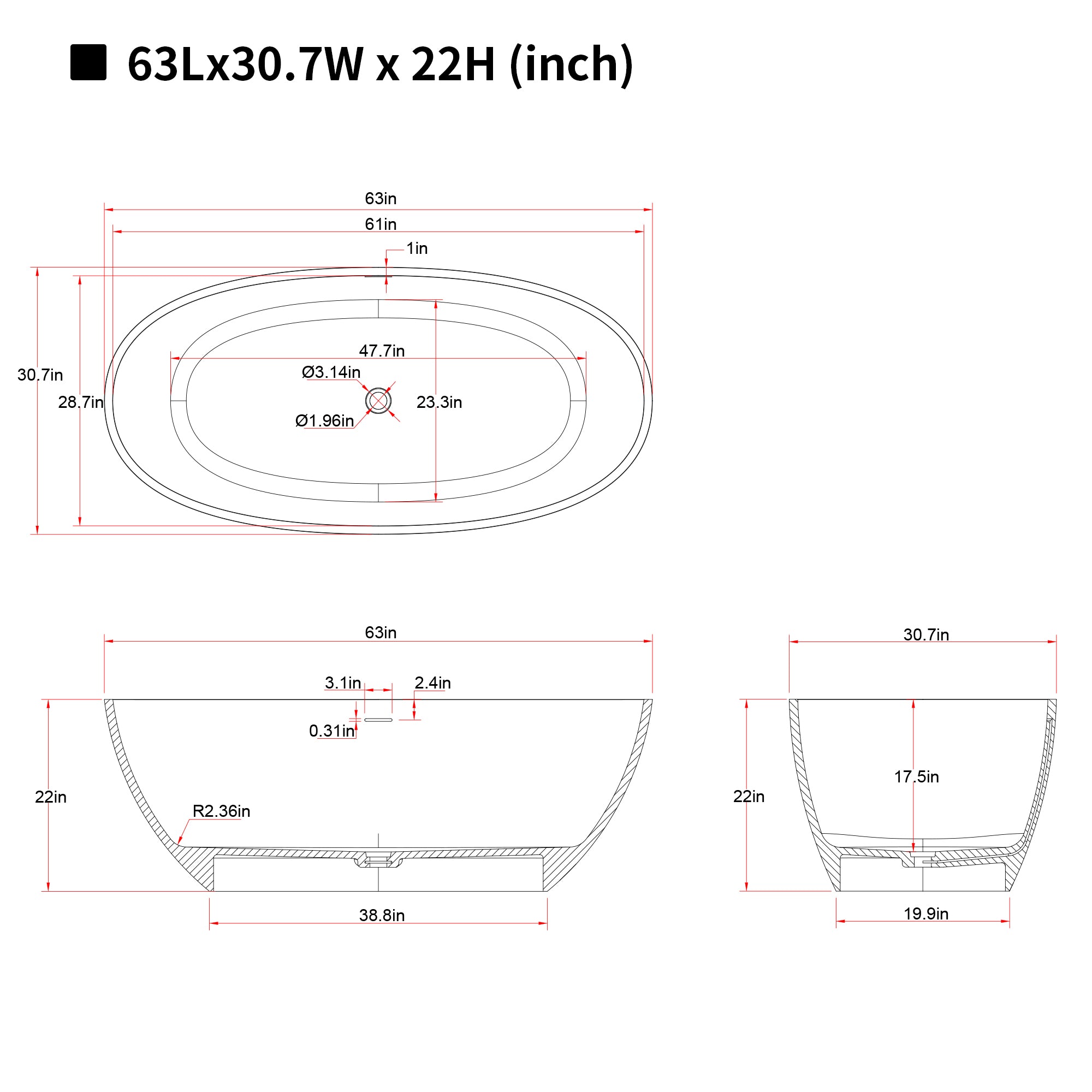 63'' Freestanding Bathtub