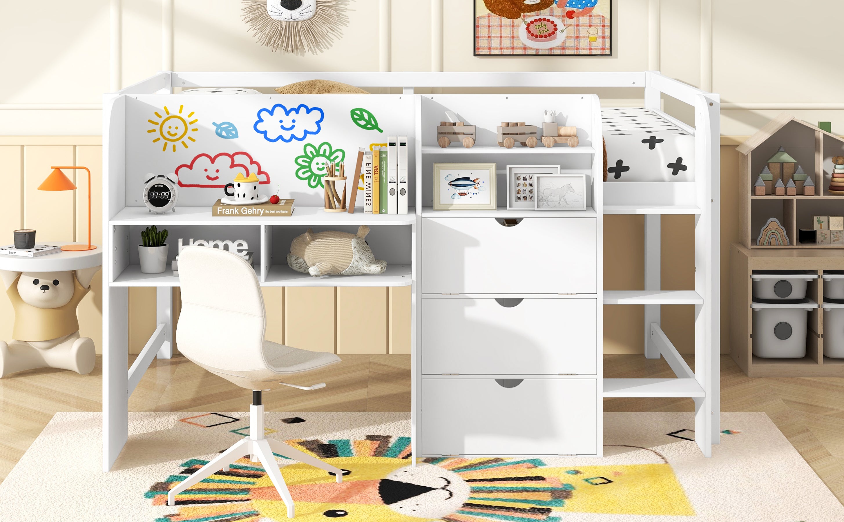Full Size Low Loft Bed with Built-in Desk, Storage Cabinets and Open Bookcase