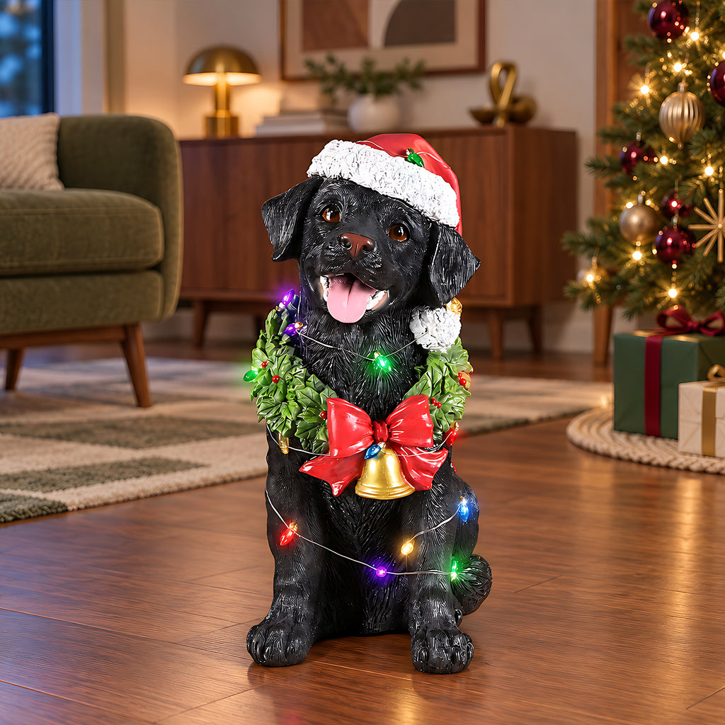 Lighted Christmas Labrador Retriever Dog Statue, Santa Hat, Black