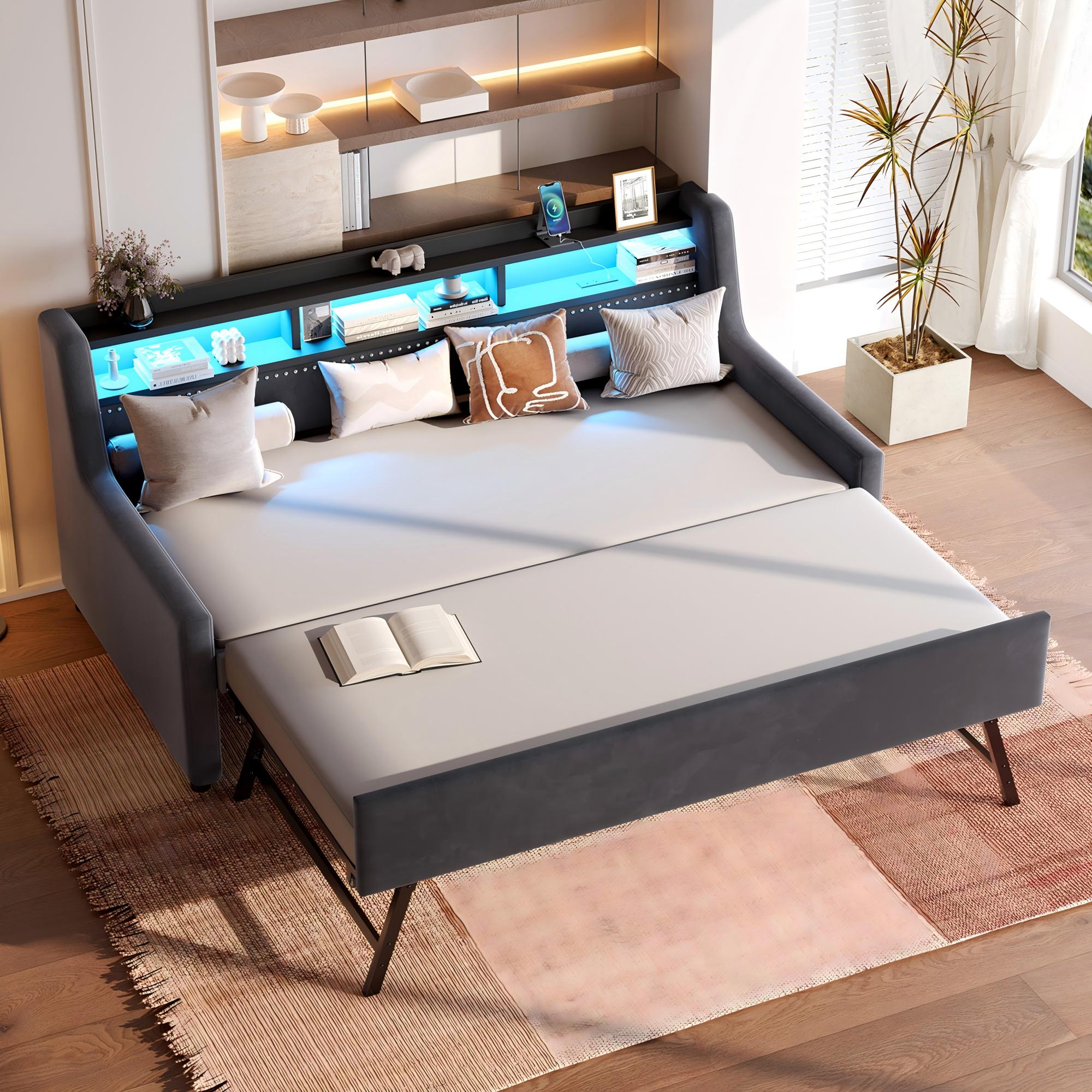 Twin Size Daybed with Trundle, Upholstery Daybed with LED Light & Charging Station