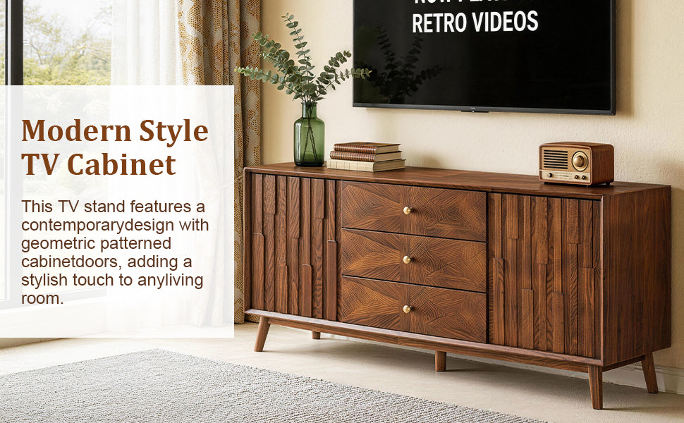 Mid Century Sideboard Buffet Cabinet, 56-Inch, Walnut Wood, 3 Drawers and 2 Storage Cabinets