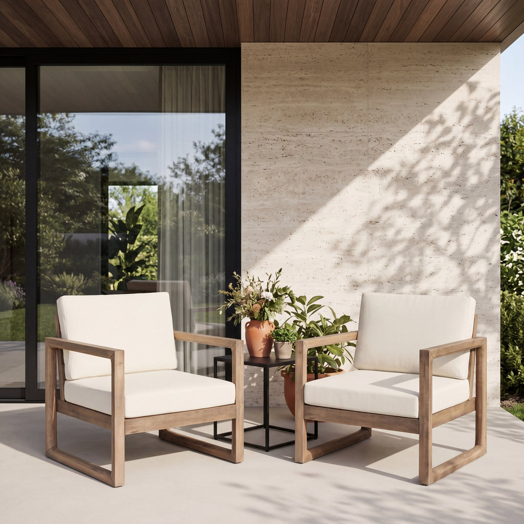 Set of 2 Outdoor Acacia Wood Patio Club Chairs
