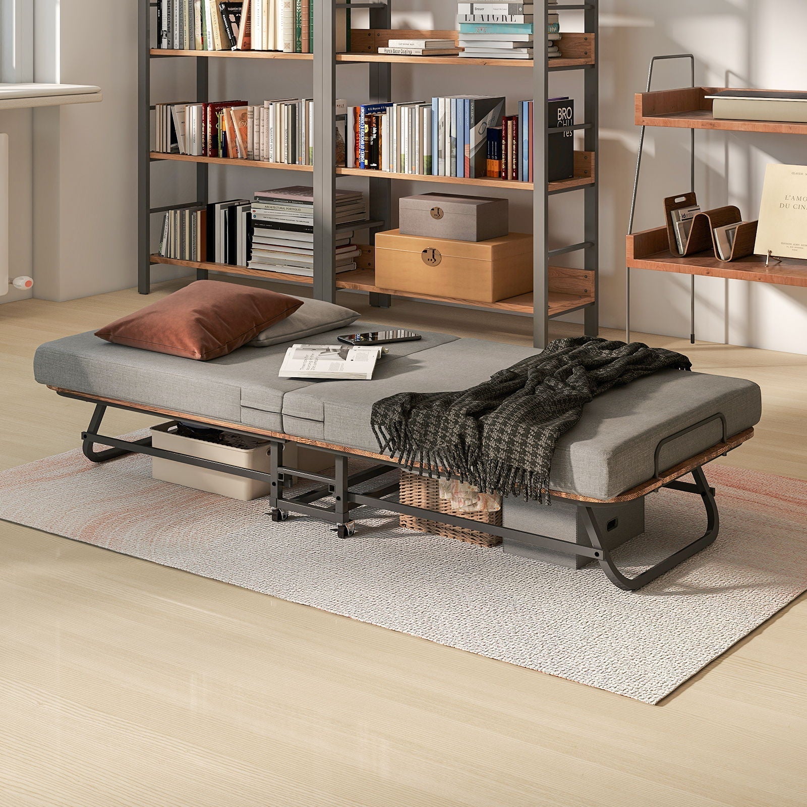 Portable Folding Bed With Memory Foam Mattress, Lockable - Gray