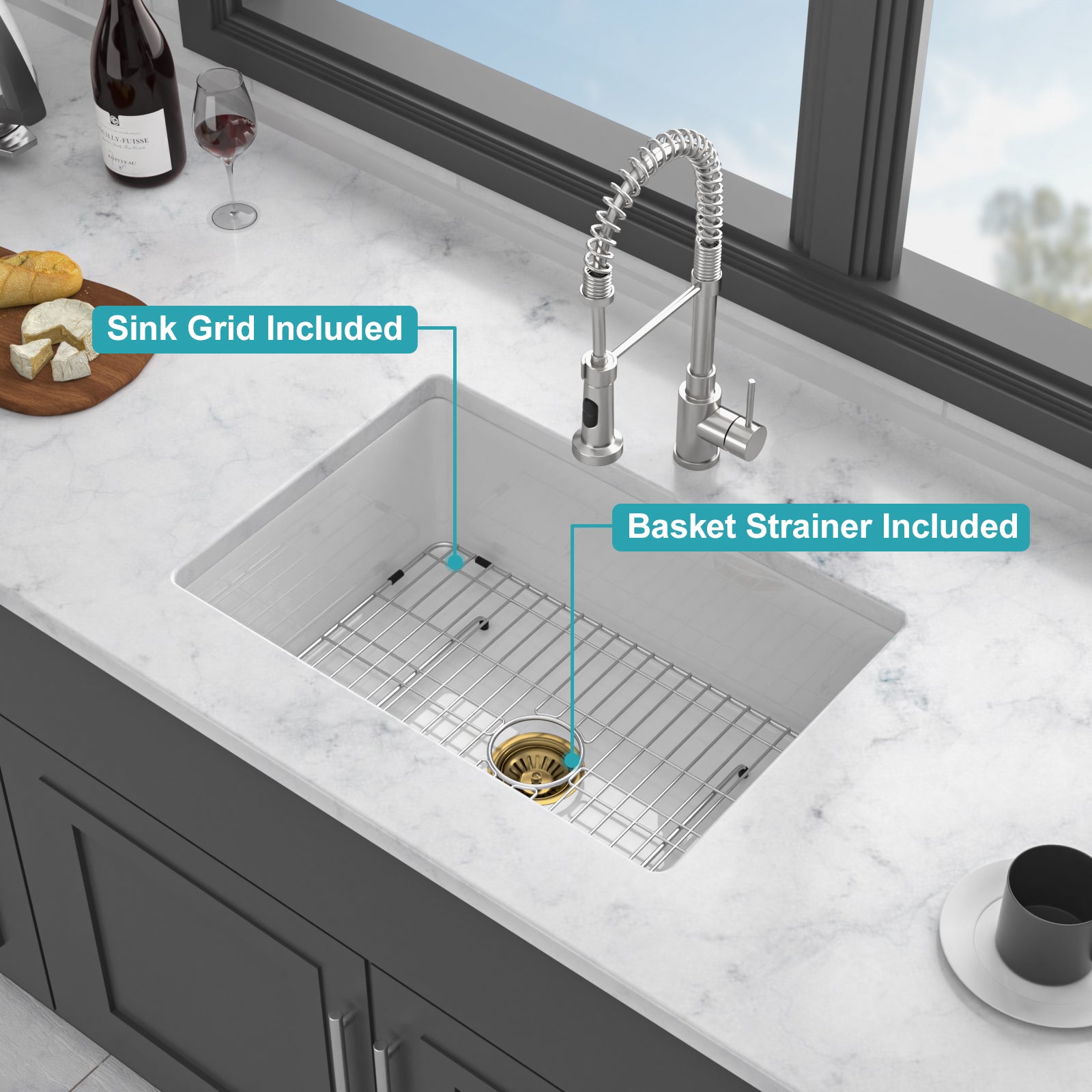 27"x19"x10" Undermount Single Bowl Fireclay Kitchen Sink