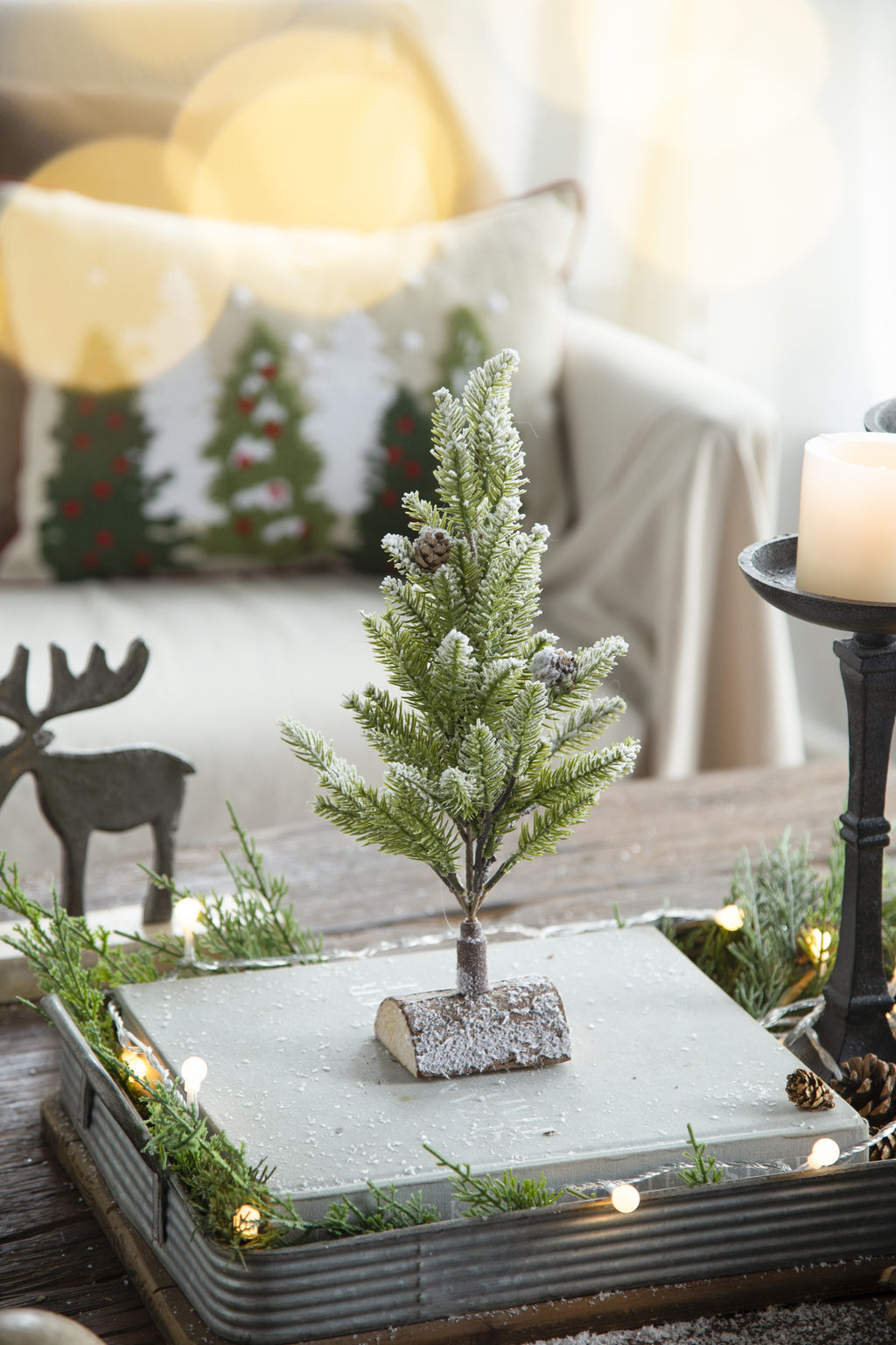Set of 2, 13.5" Christmas PVC Tree On Wood Base With Snow