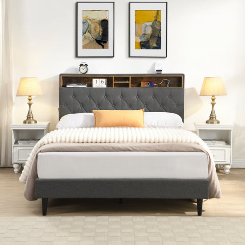 King-Size Upholstered Platform Bed Frame with Modern Button-Tufted