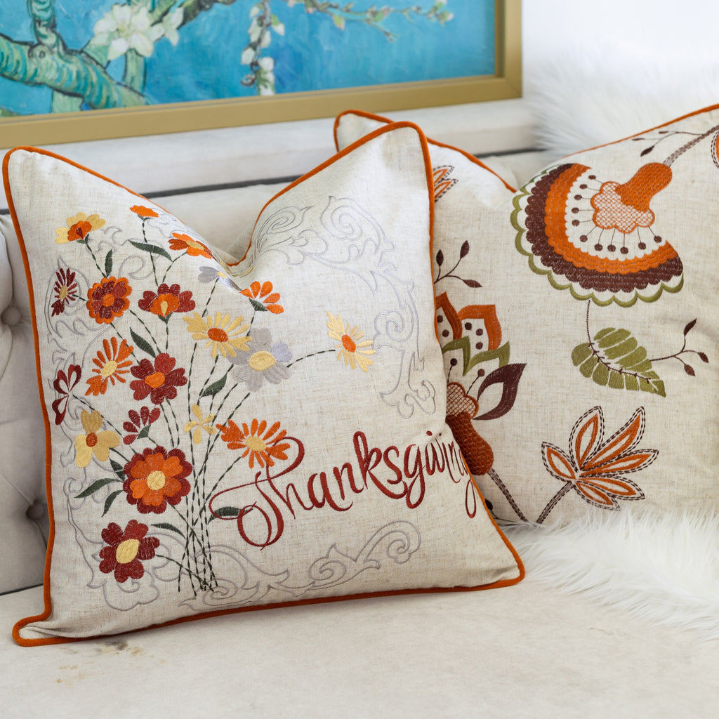 Thanksgiving Embroidered Floral Throw Pillow – Autumn Harvest Accent Cushion Set
