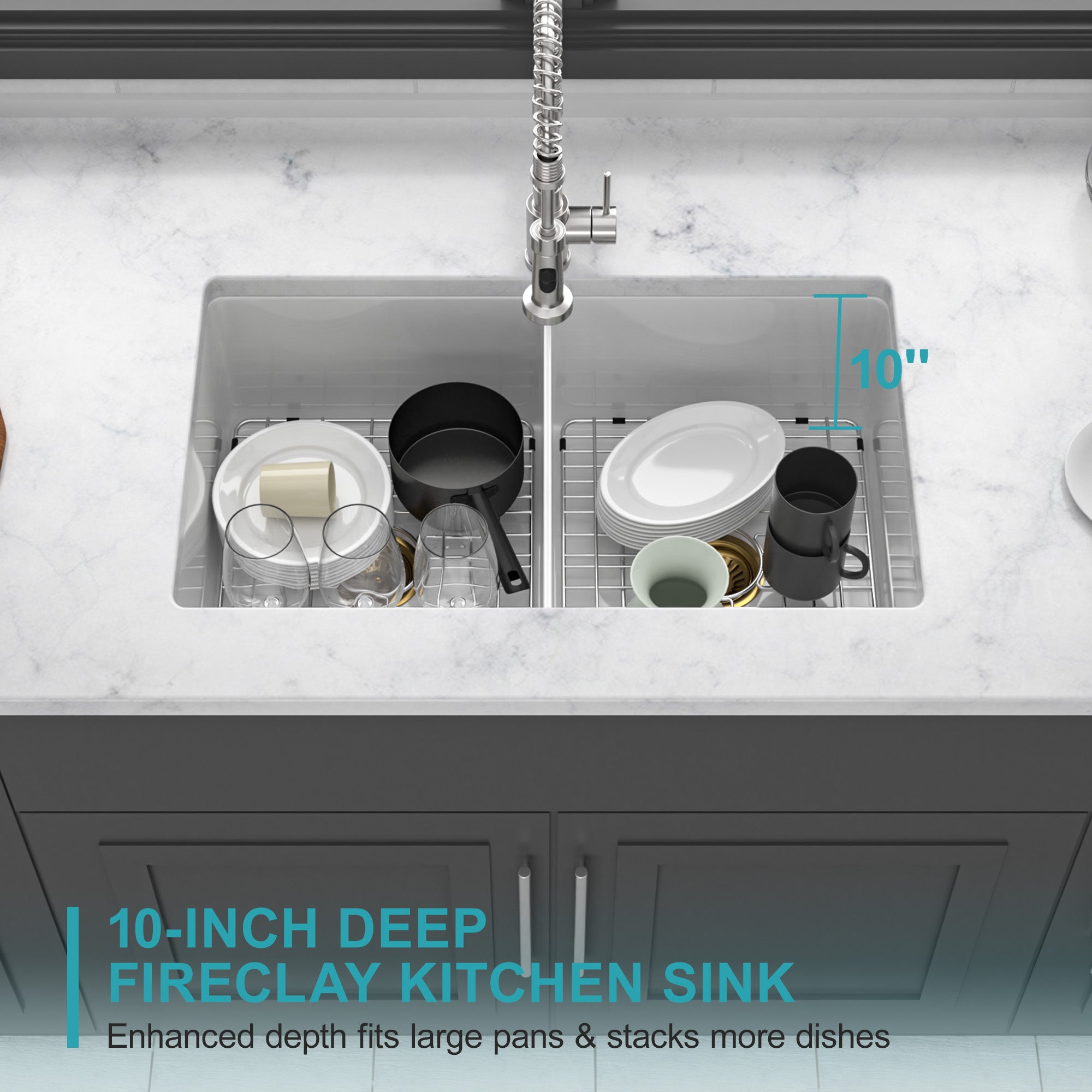 32"x19"x10" Undermount Double Bowl Porcelain Fireclay Kitchen Sink