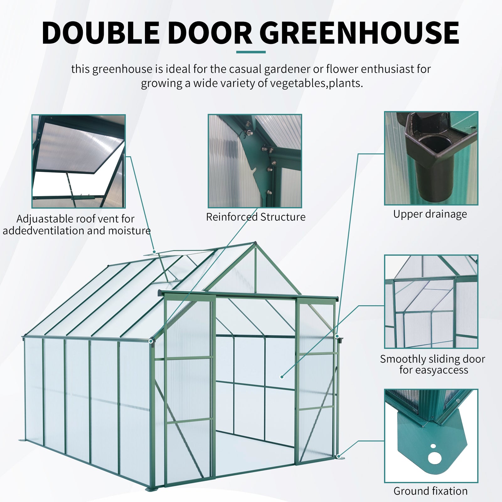 8x10FT Double Door Polycarbonate Greenhouse