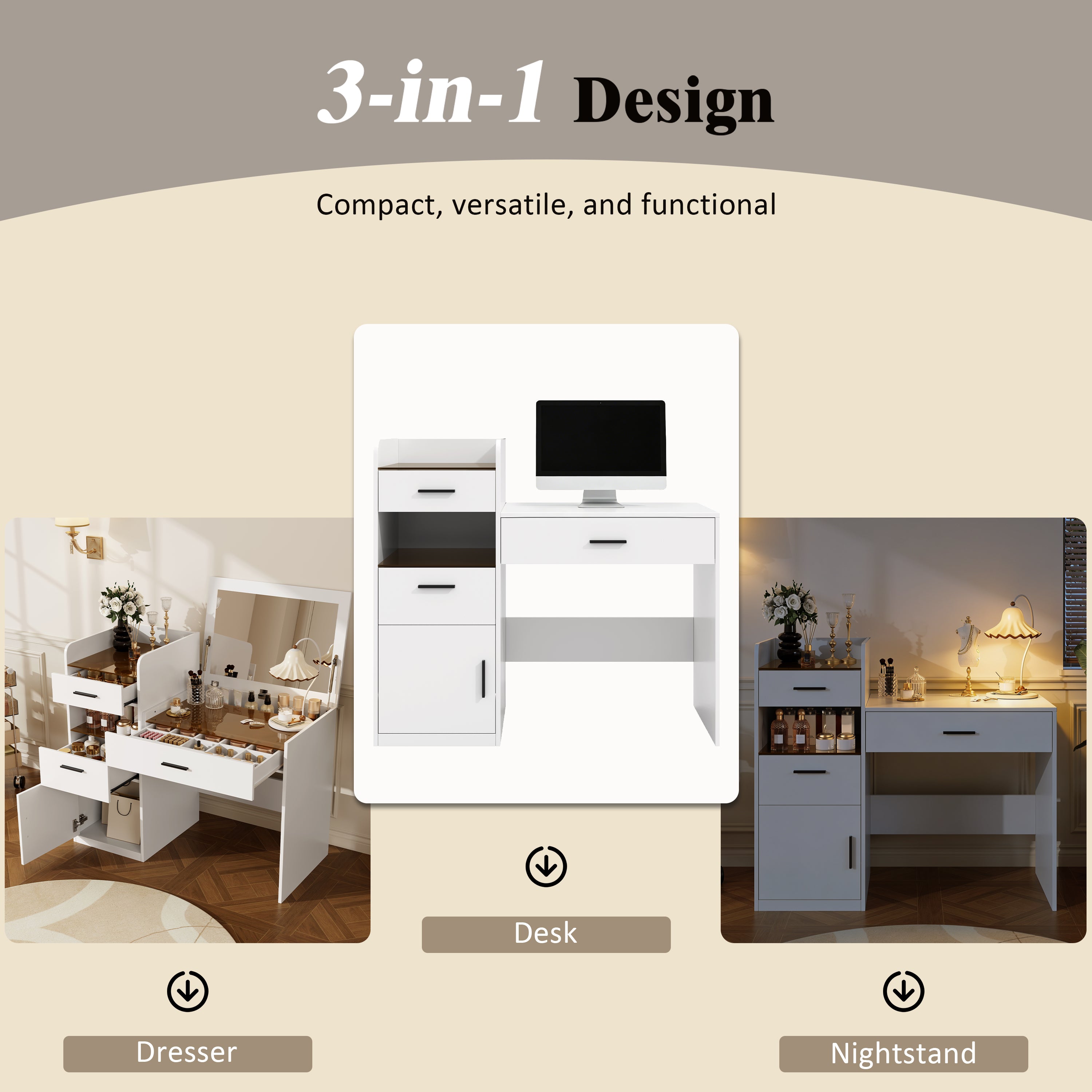 3-in-1 Vanity Desk with Flip Top Mirror