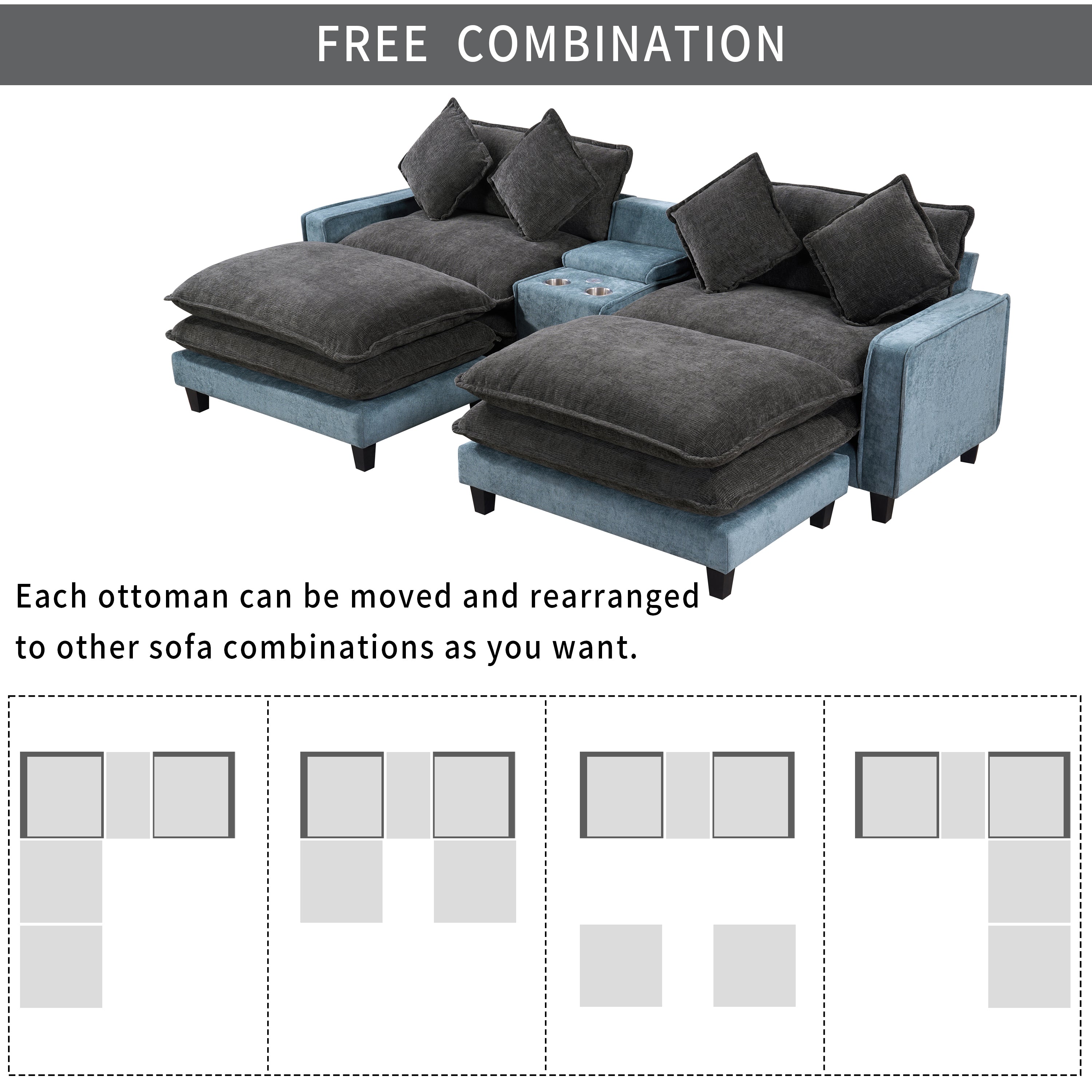 111" Chenille Upholstered Sectional Sofa with Ottoman & Storage