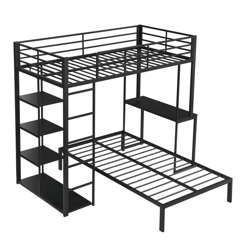 Metal Loft Bed Frame with LED Light Strip, Side Storage Shelves & Built-in Desk