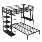 Metal Loft Bed Frame with LED Light Strip, Side Storage Shelves & Built-in Desk