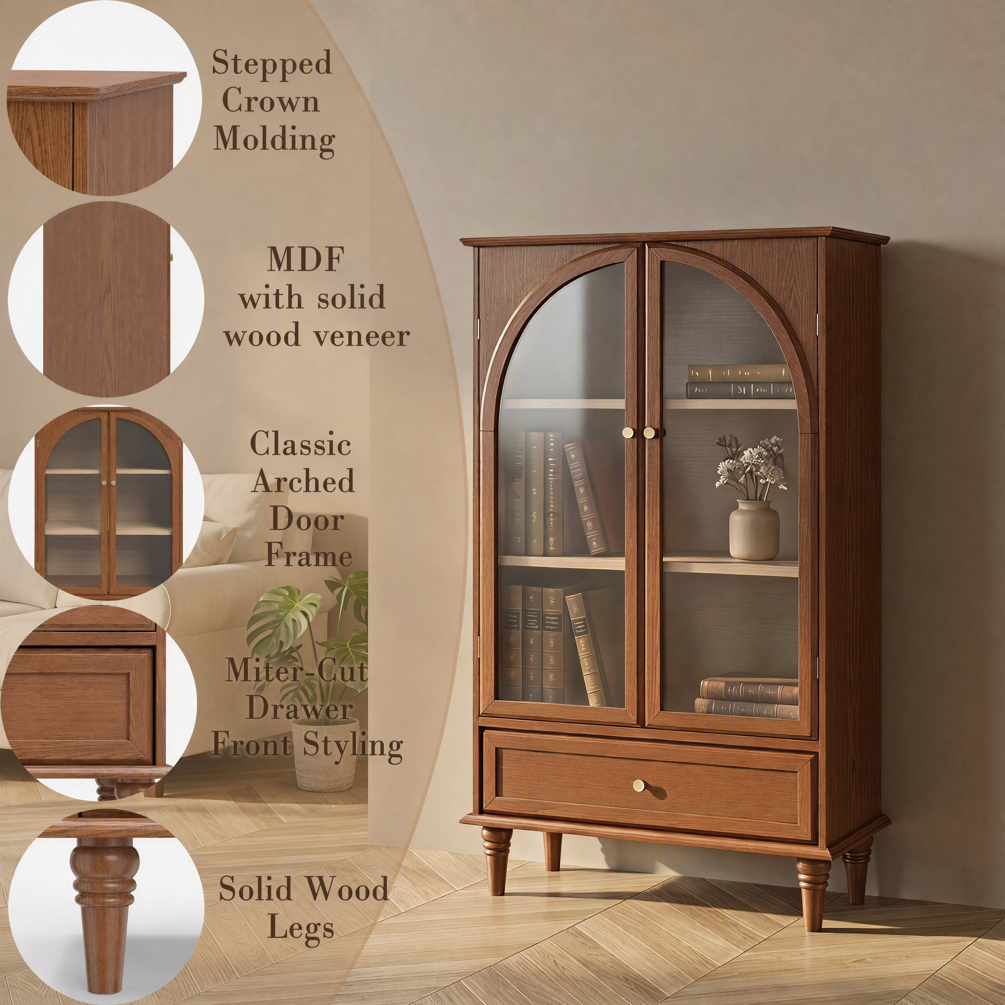 Vintage Farmhouse Arched Glass Accent Cabinet