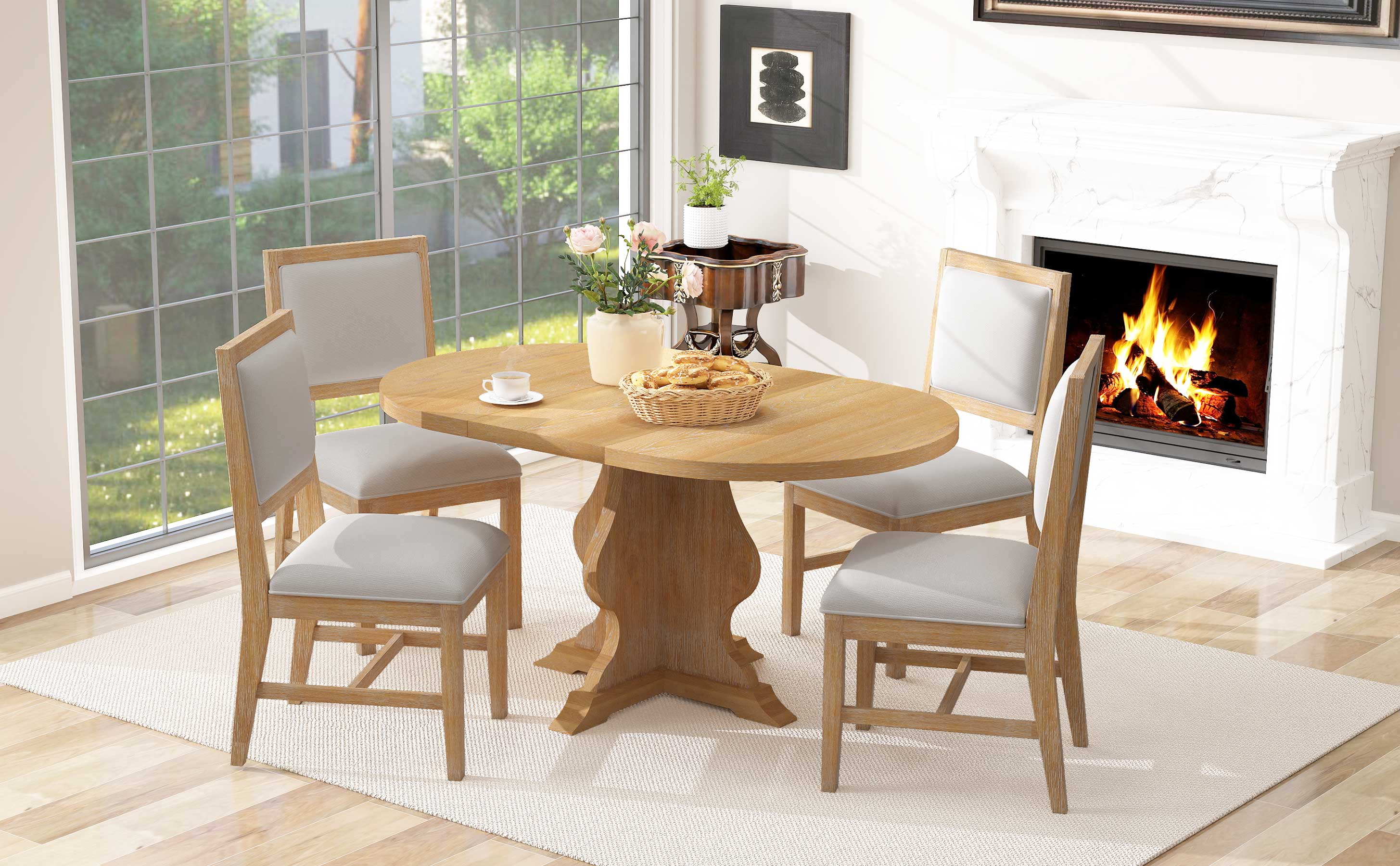 TREXM Farmhouse 5-Piece Dining Table Set with 4 Upholstered Chairs