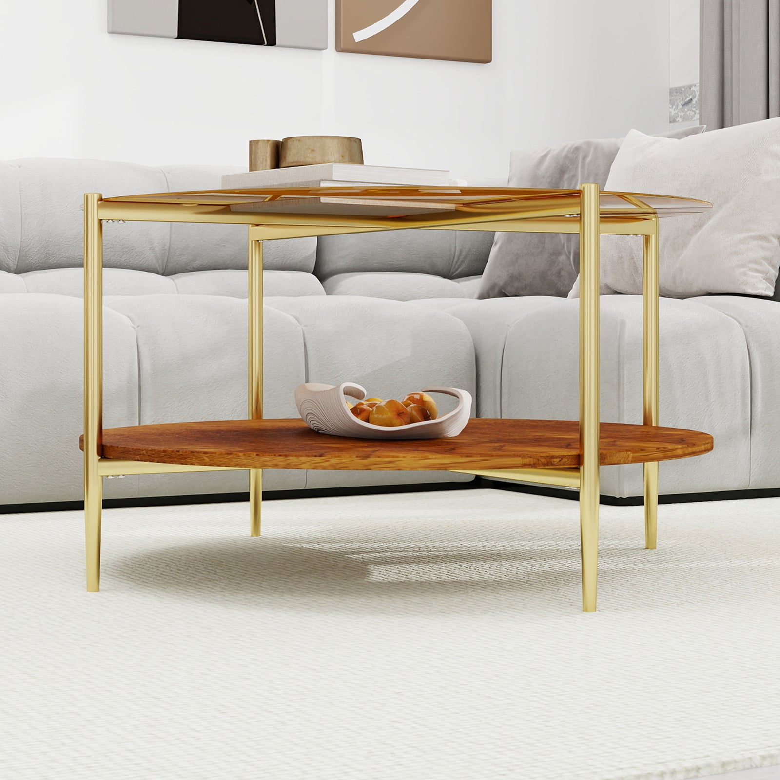 Luxurious Round Coffee Table with Gold-Tinted Tempered Glass Top