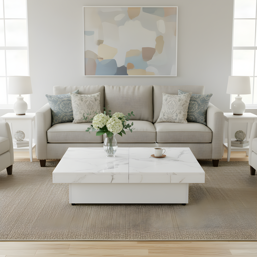 Square Marble Veneer Coffee Table Sliding Top with Storage