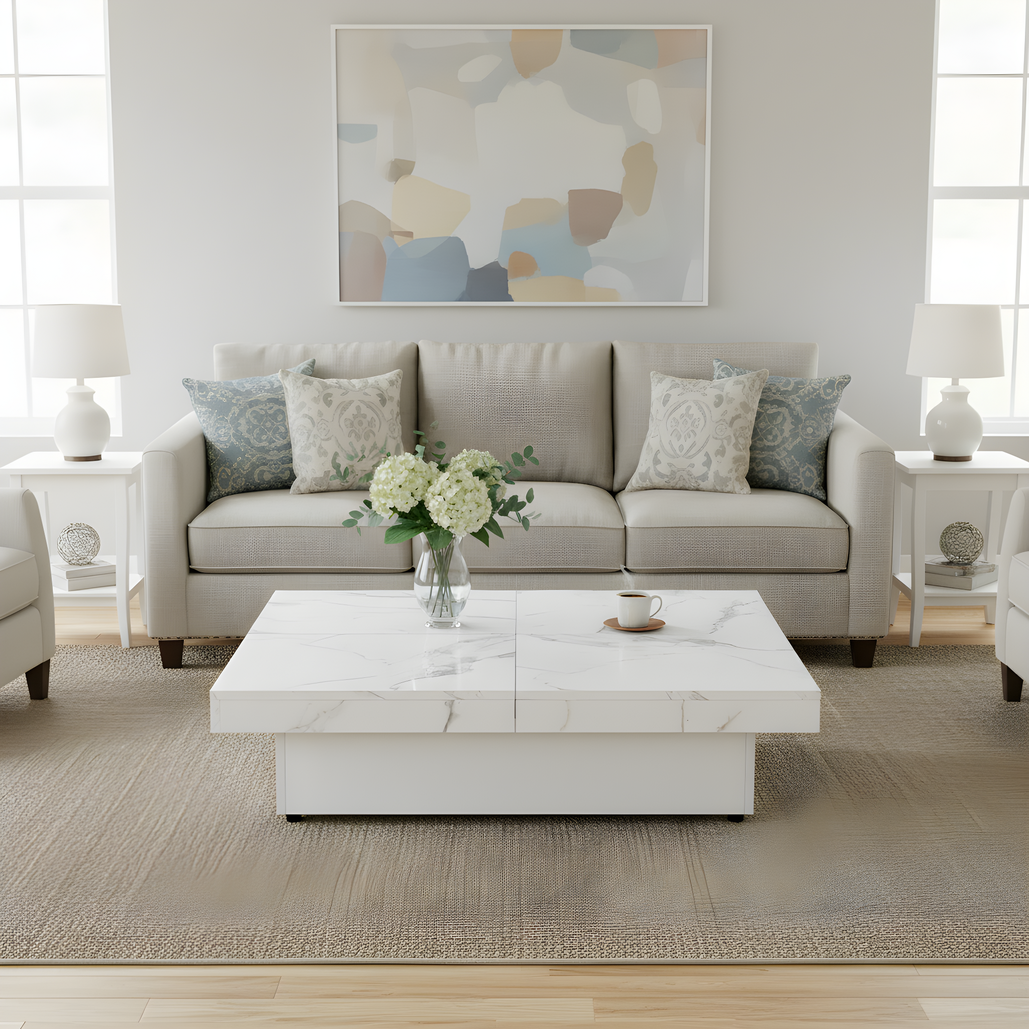 Square Marble Veneer Coffee Table Sliding Top with Storage