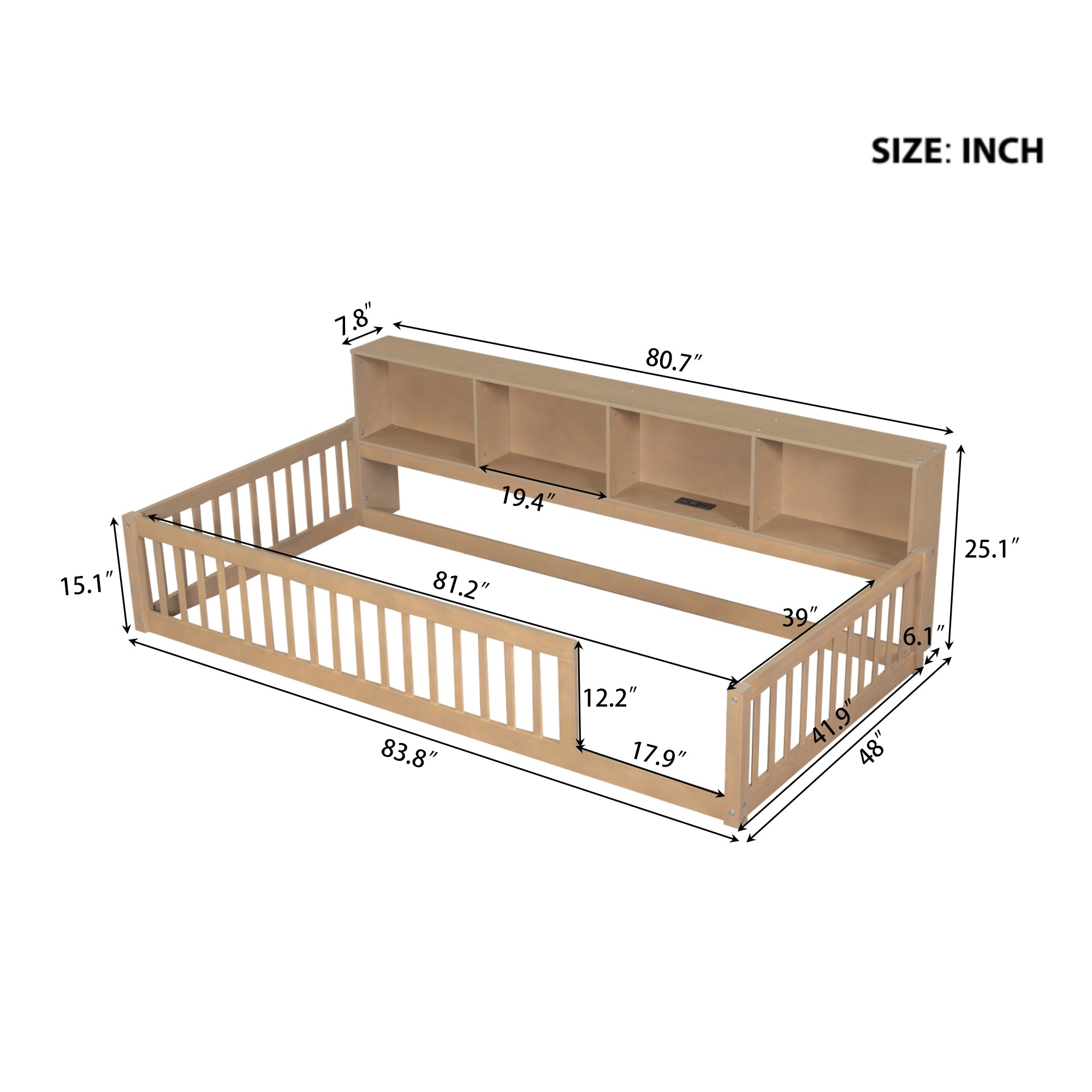 Wood Twin XL Size Floor Bed with Storage Cabinets and USB Ports