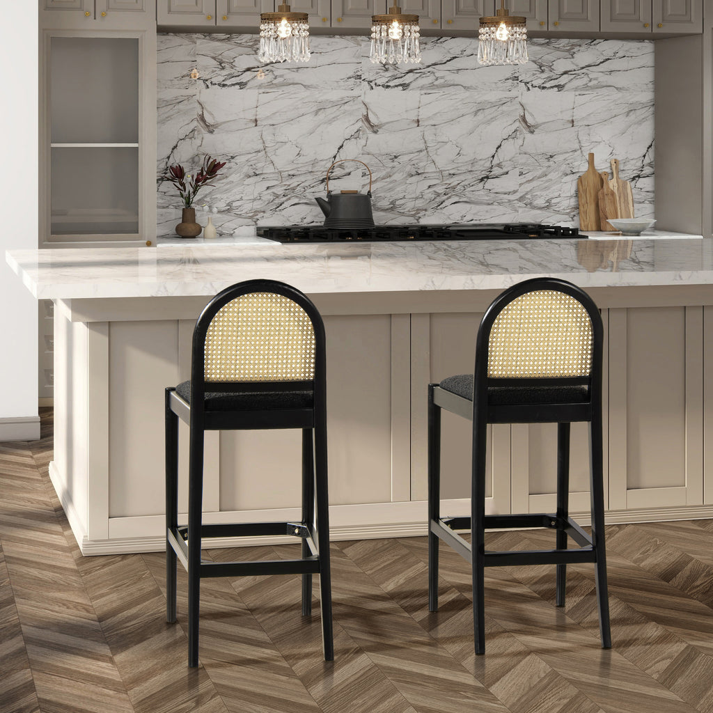 Panama 30.5" Curved Back Cane Rattan Bar Stool, Set of 2, Ebony