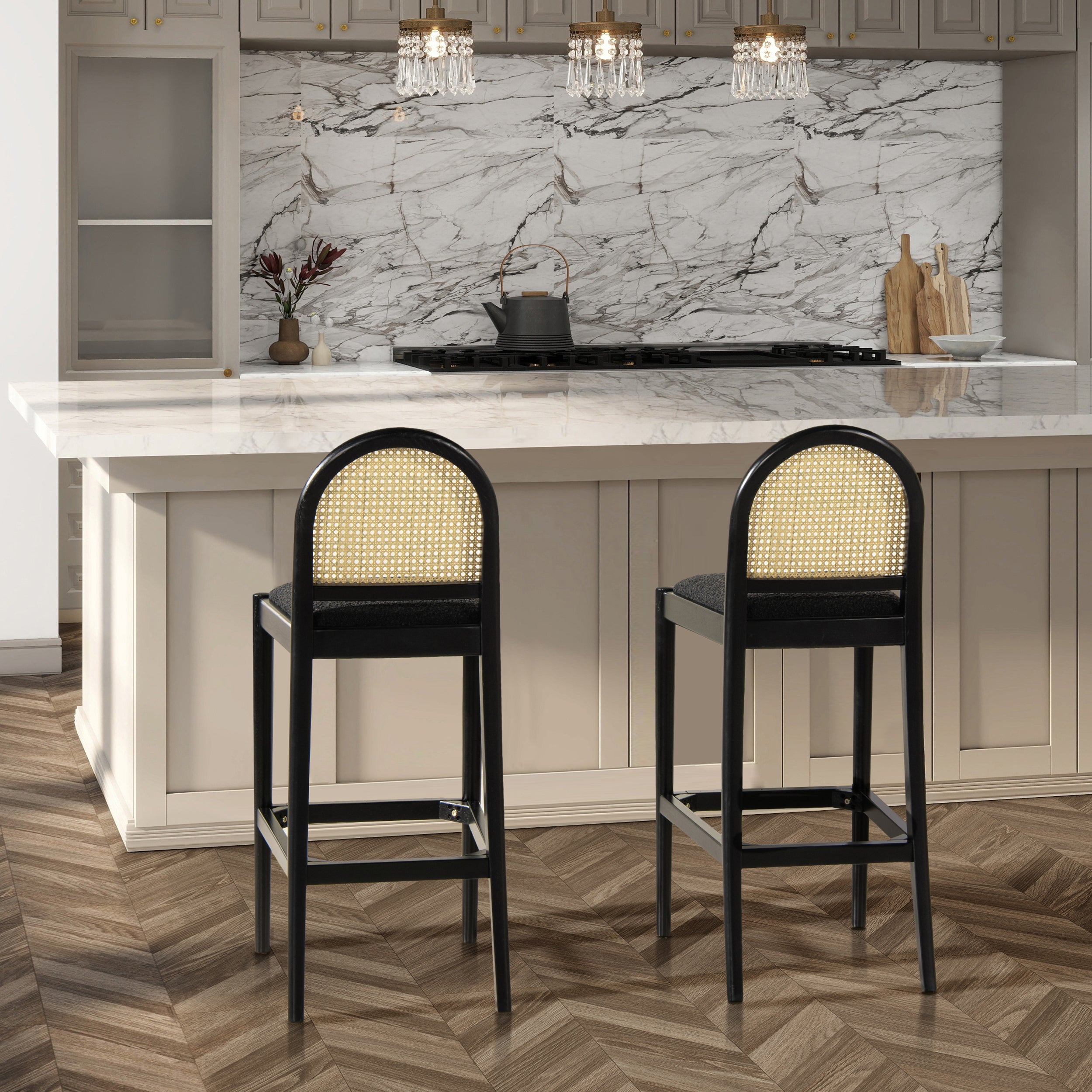 Panama 30.5" Curved Back Cane Rattan Bar Stool, Set of 2, Ebony