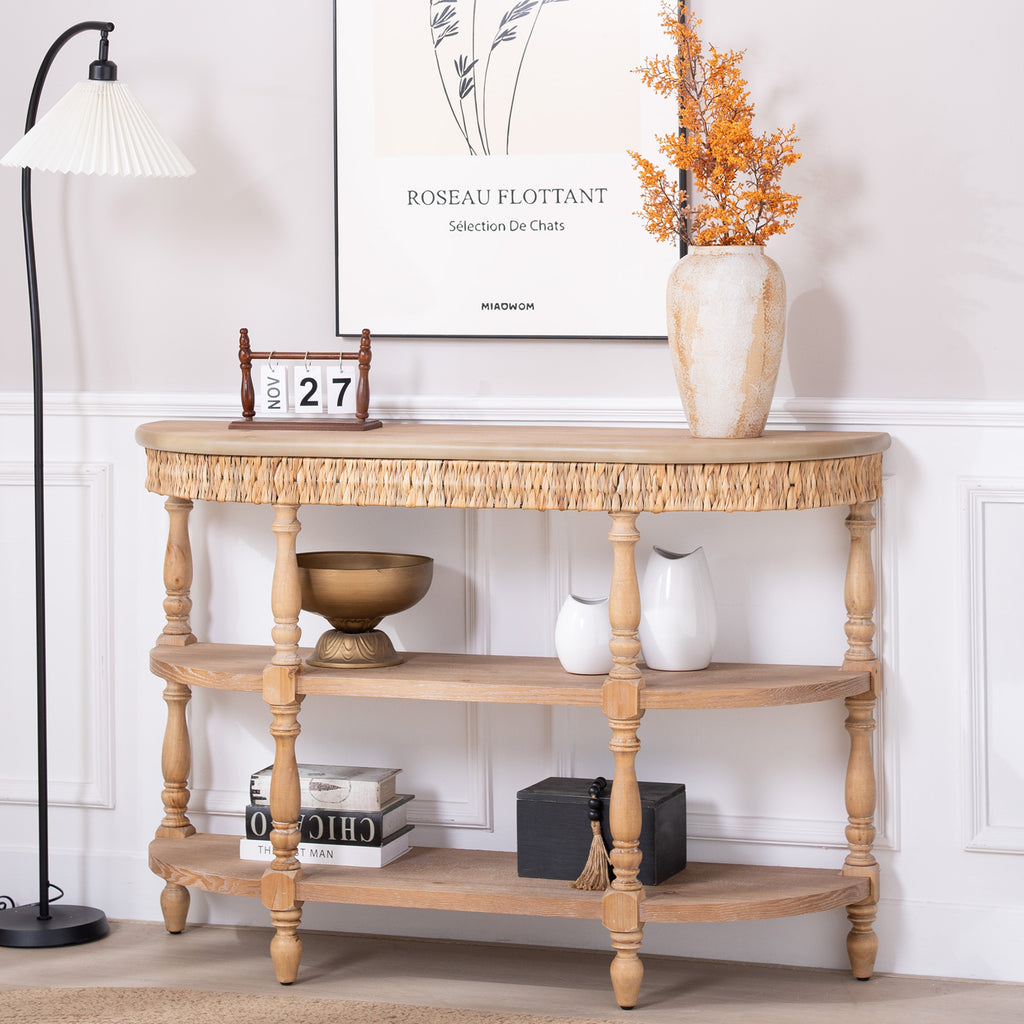 Handcrafted Wood Console Table with Hand-Woven Trim