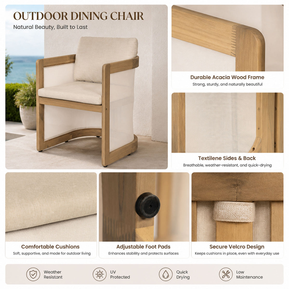 Set of 2 Outdoor Patio Dining Armchairs, Acacia Wood Frame with Textilene Side Panels, Patio Chairs with Removable