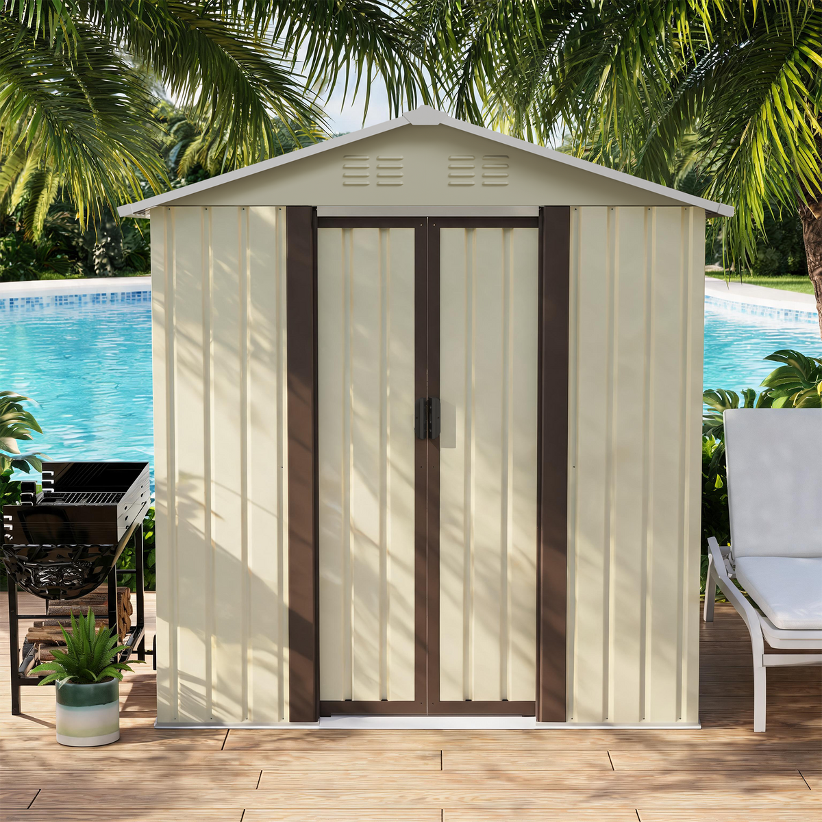 5x3 FT Metal Garden Shed with Sliding Double Doors, Beige