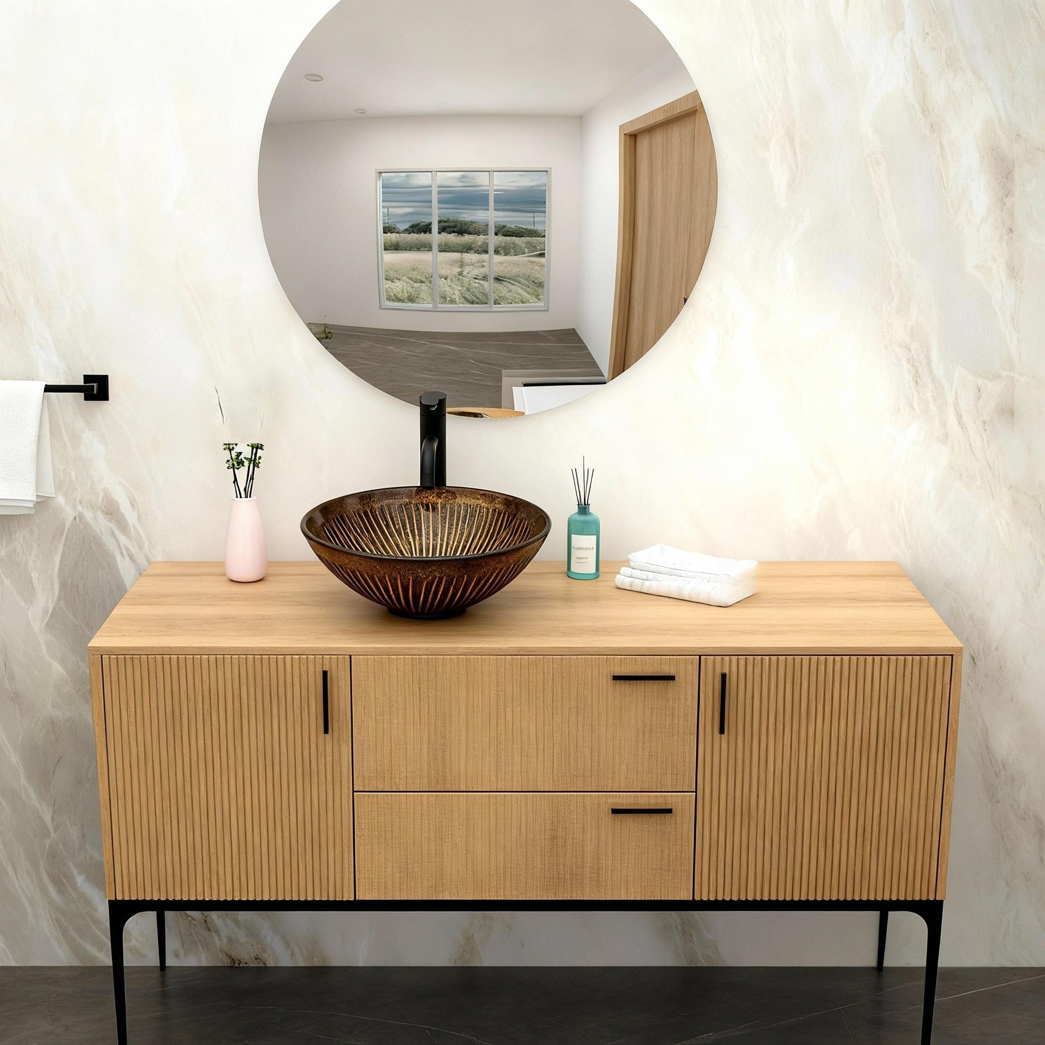 Artistic Feather Pattern Amber Tempered Glass Vessel Sink