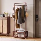 Solid Wood Freestanding Coat Rack with Storage Basket