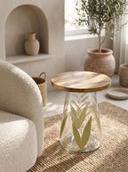 16x17.5" Glass Side Table with Wood Top and Hand-Painted Base