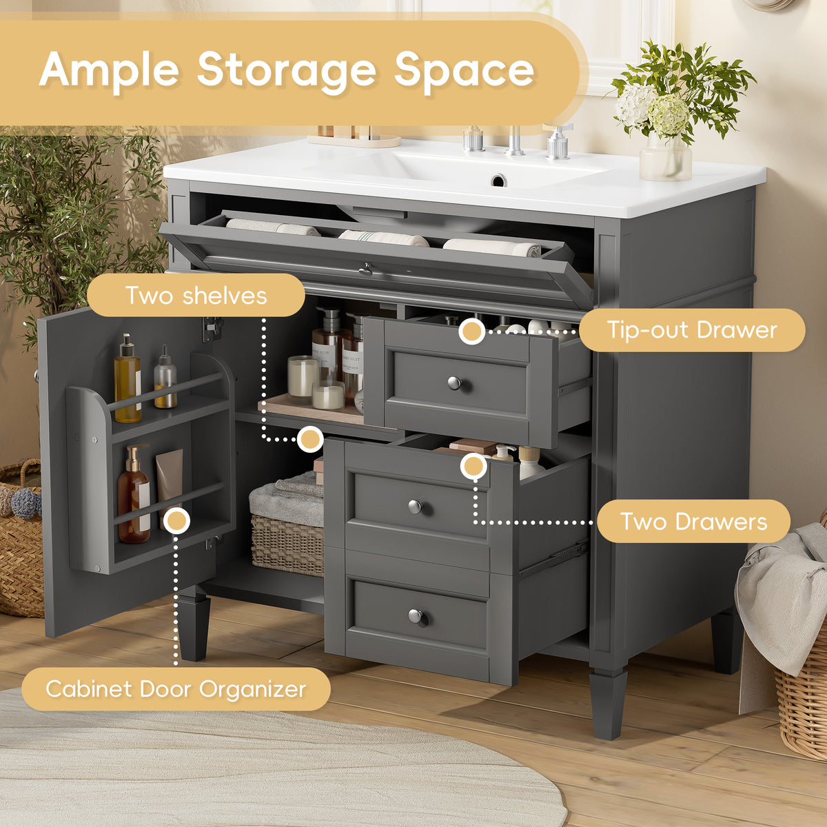 36-Inch Bathroom Vanity with Ceramic Sink, Grey, Modern Storage Cabinet