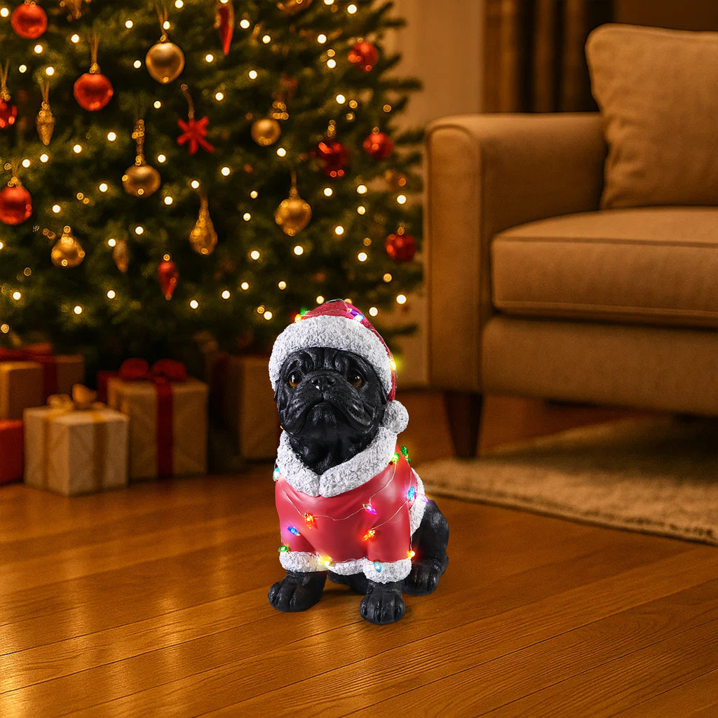 Christmas Pug Statue, Holiday Dog Figurine in Santa Outfit